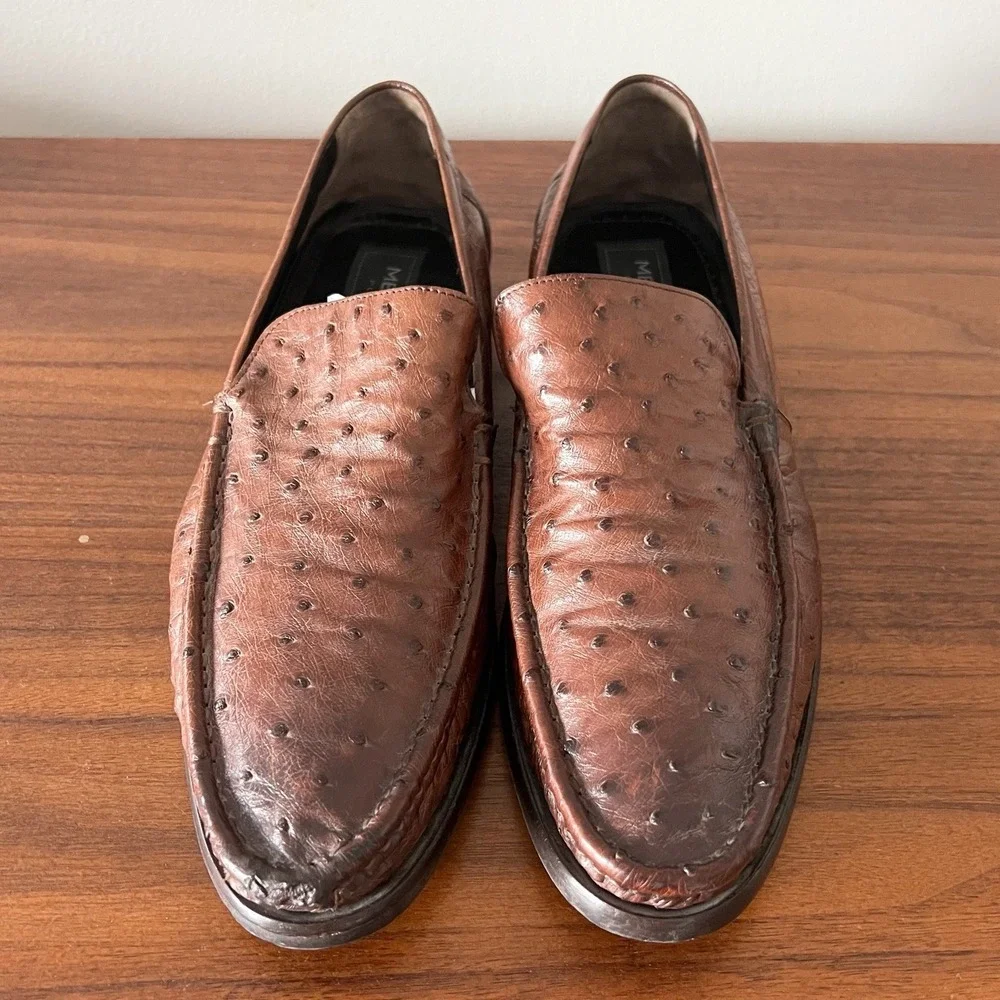 Mezlan Platinum Ostrich Leather Slip On‎ Loafers Brown Men's Size 10